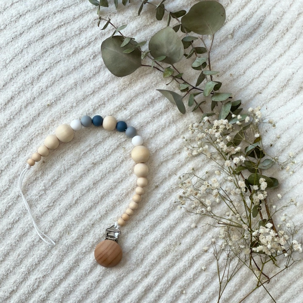 Neutral Silicone and Wood Bead Pacifier/Teether Clip